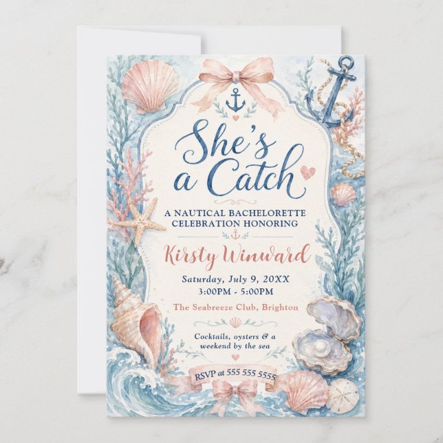 She’s a Catch Coastal Bachelorette Party Invitation (Front)