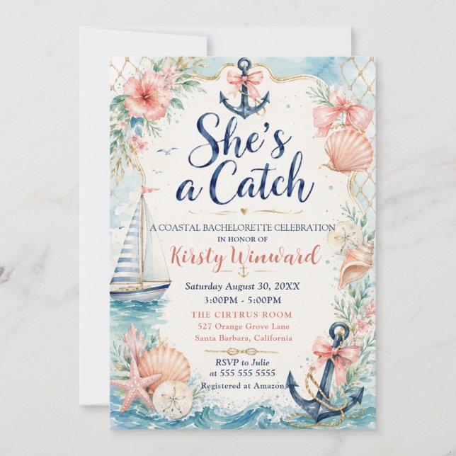 She’s a Catch Coastal Bachelorette Party Invitation (Front)