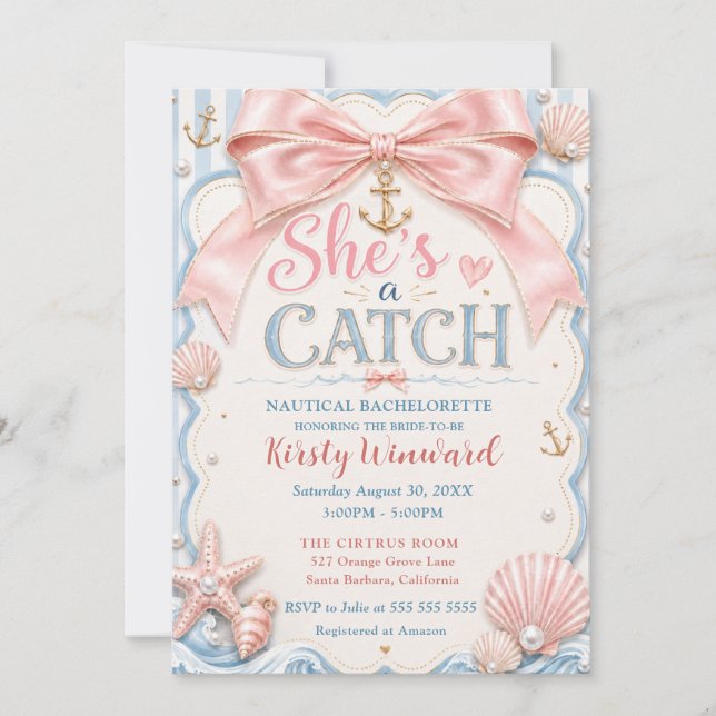 She’s a Catch Nautical Bachelorette Party Invitation (Front)