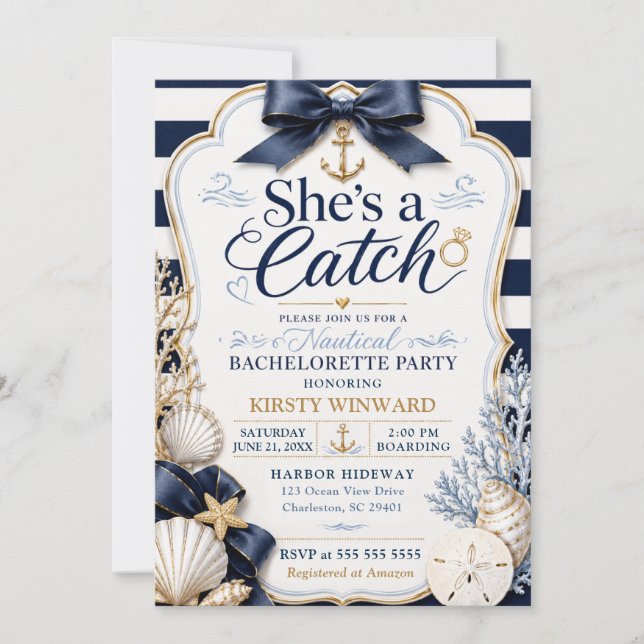 She’s a Catch Nautical Bachelorette Party Invitation (Front)