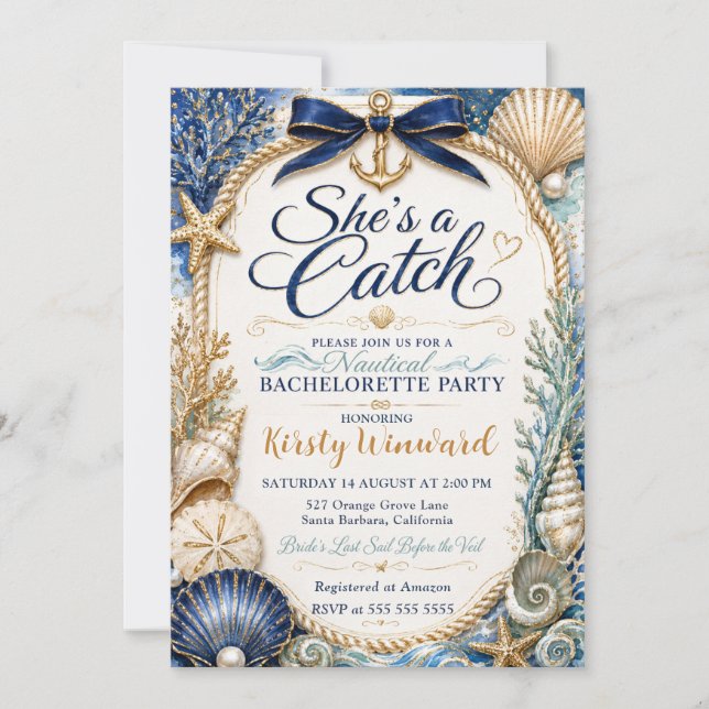 She’s a Catch Navy Nautical Bachelorette Party Invitation (Front)