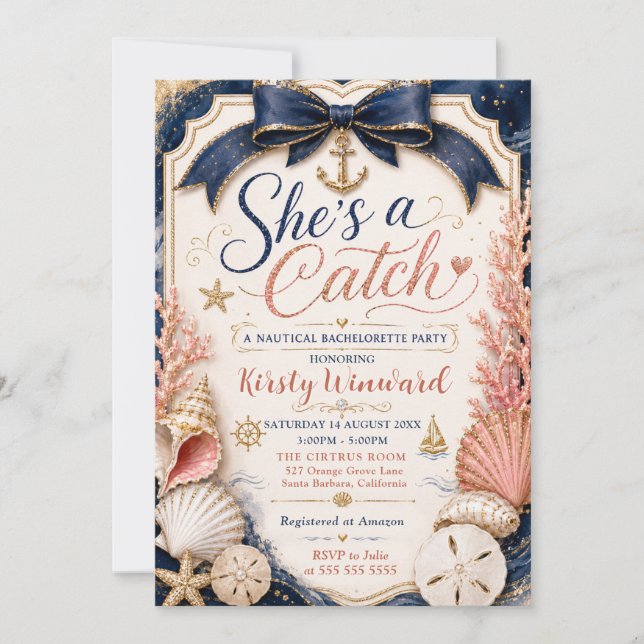 She’s a Catch Seaside Bachelorette Party Invitation (Front)