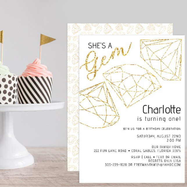 She’s a Gem Glitter Gold First Birthday Invite (gold glitter she's a gem birthday party modern invitation)