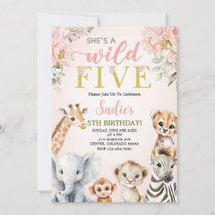 She’s a Wild Five Floral Safari Girl 5th Birthday Invitation