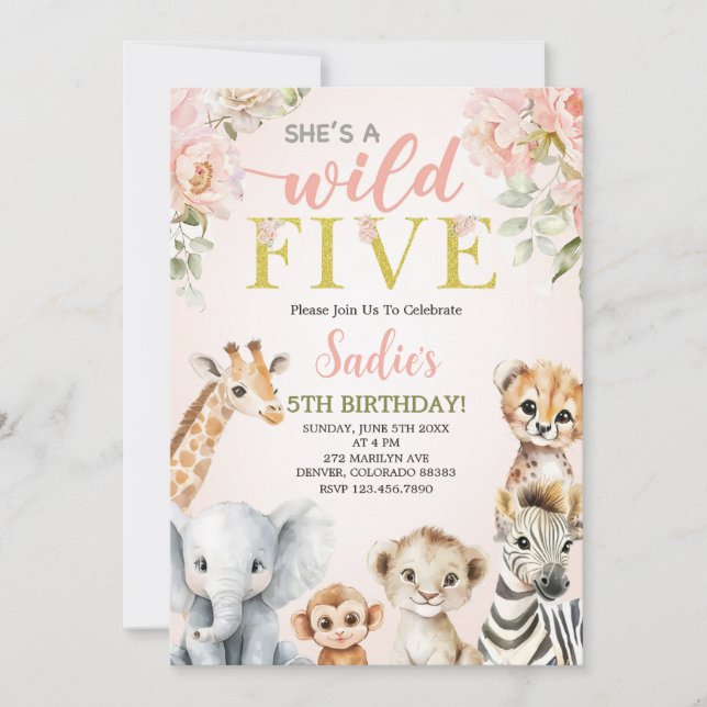 She’s a Wild Five Floral Safari Girl 5th Birthday Invitation (Front)