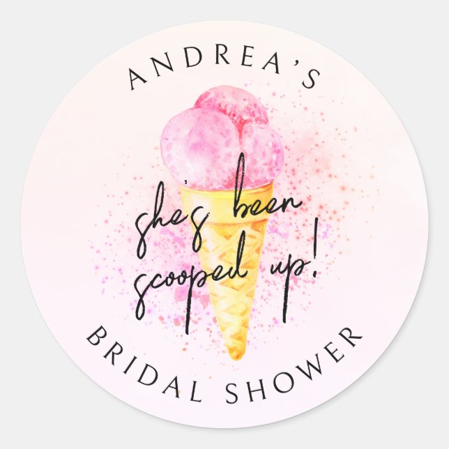 She’s Been Scooped Up Pink Ice cream Bridal Shower Classic Round Sticker (Front)