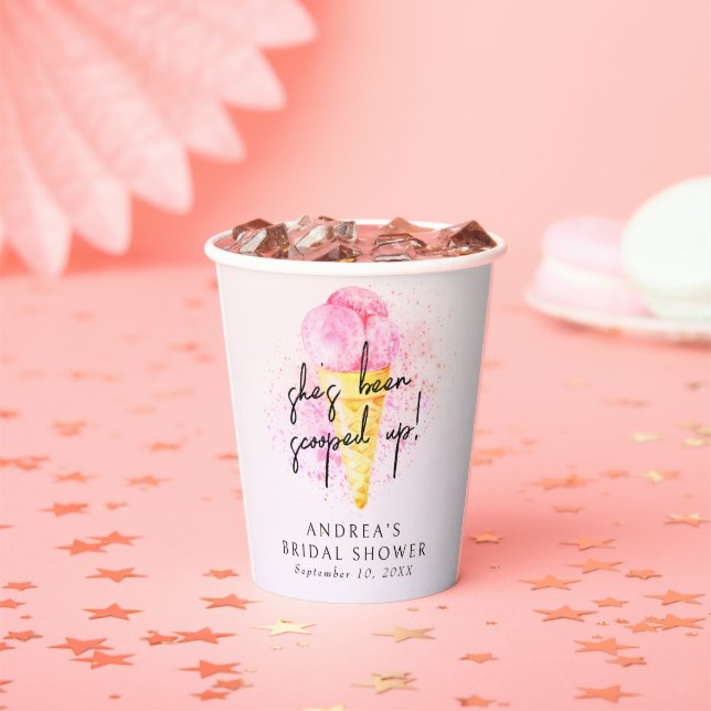 She’s Been Scooped Up Pink Ice cream Bridal Shower Paper Cups (Insitu)