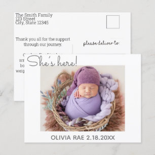 She’s here! He’s here! Simple Modern thank you Announcement Postcard