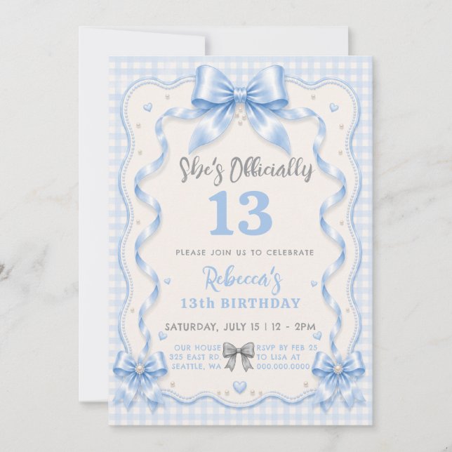 She’s Officially 13 Coquette Blue Bow Birthday  Invitation (Front)