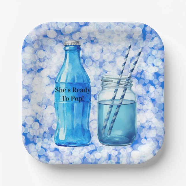 She’s Ready To Pop Blue Boy Baby Shower Paper Plate (Front)
