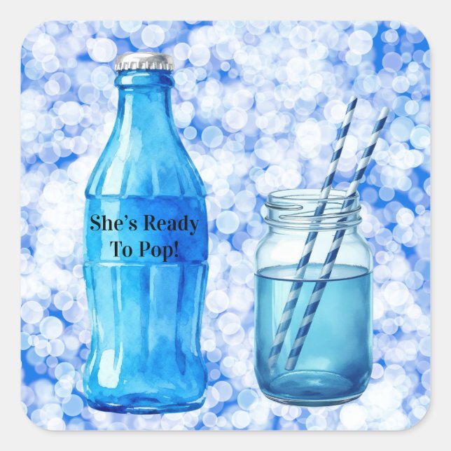 She’s Ready To Pop Blue Boy Baby Shower Square Sticker (Front)