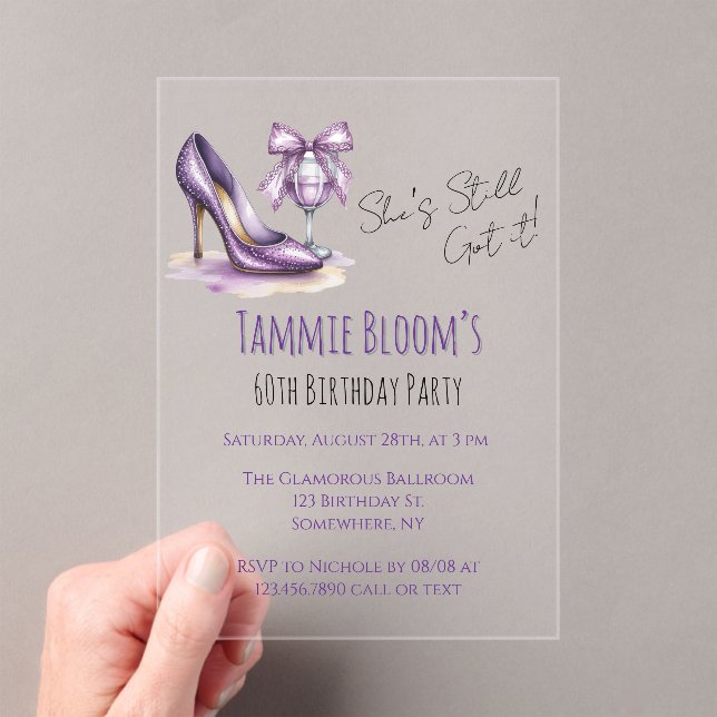 She’s Still Got It Purple High Heel Birthday Party Acrylic Invitations (Insitu (Handheld))