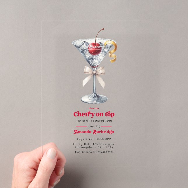 She’s the Cherry on Top Acrylic Martini Birthday Invitations (Insitu (Handheld))