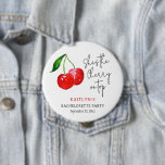 She’s the Cherry on Top Bachelorette Party Favor 10 Cm Round Badge<br><div class="desc">Celebrate the bride-to-be with these chic and playful watercolor cherry bachelorette party favor buttons. Featuring a hand-painted, vibrant red cherry illustration and modern, trendy script, this "She’s the Cherry on Top" theme is perfect for a summer bridal shower, a retro-inspired weekend, or a stylish garden party. The pop of red...</div>
