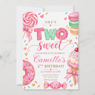 She’s Two Sweet Pink Candy Watercolor Birthday Invitation