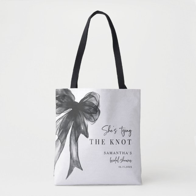 She’s Tying The Knot Black Bow Bridal Shower Tote Bag (Front)