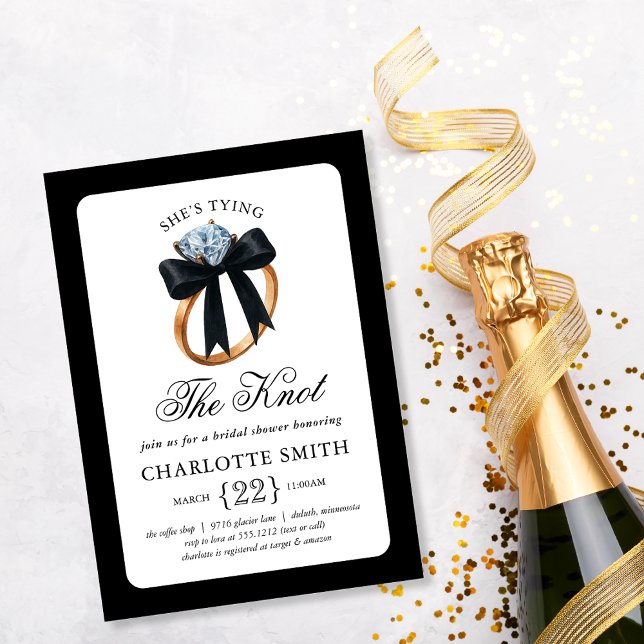 She’s Tying the Knot Black Bow Ring Bridal Shower Invitation (She’s Tying the Knot Black Bow Diamond Engagement Ring Bridal Shower Invitation)