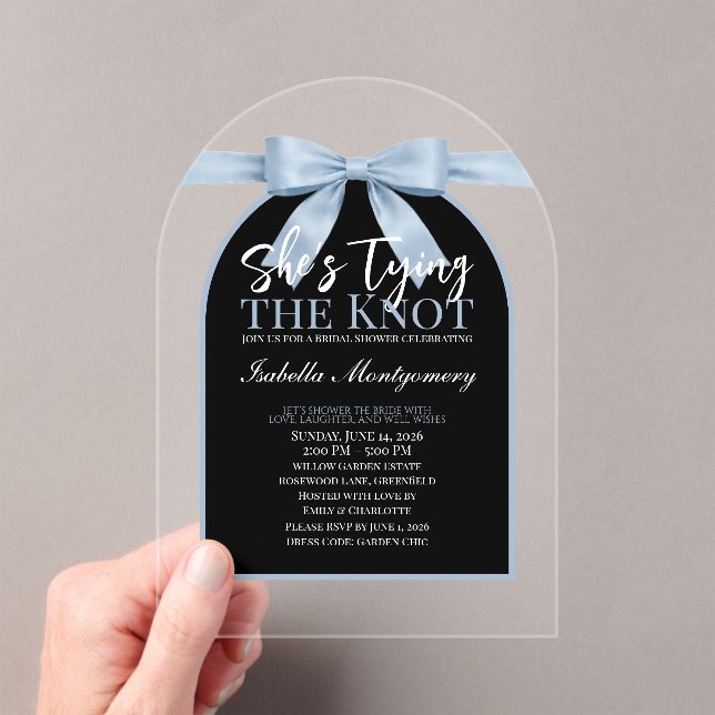 She’s Tying the Knot Light Blue Palette Bow Acrylic Invitations (Insitu (Handheld))