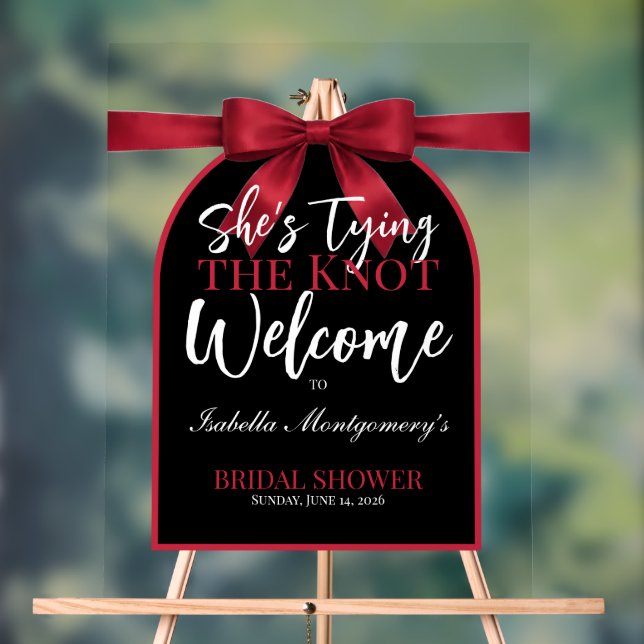 She’s Tying the Knot Red Bow Welcome Acrylic Sign (Neutral)