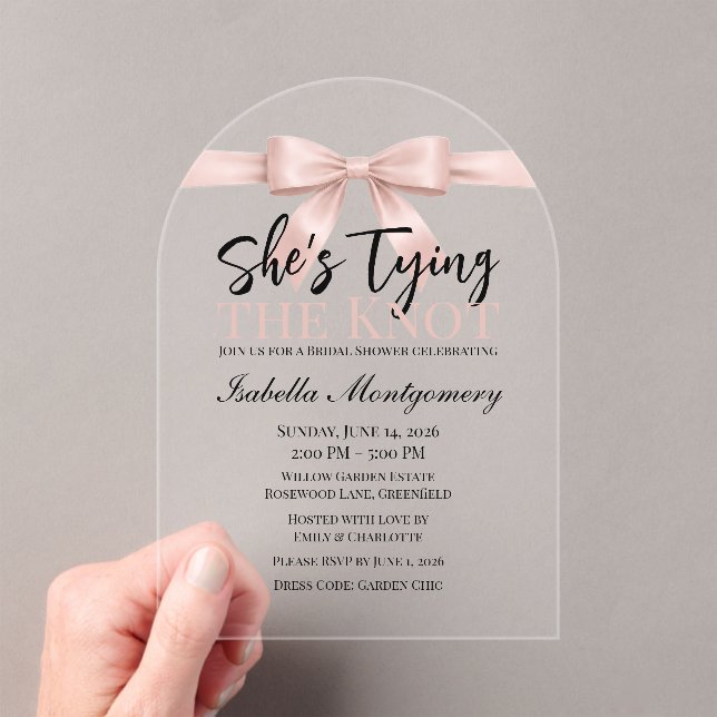 She’s Tying the Knot Theme Blush Pink Bow Acrylic Invitations (Insitu (Handheld))