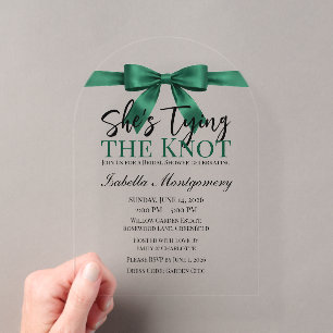 She’s Tying the Knot Theme Emerald Green Bow Acrylic Invitations