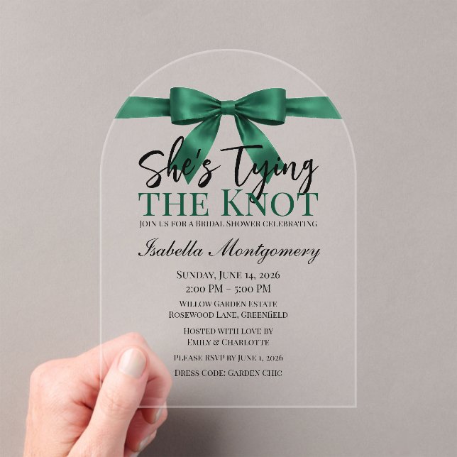 She’s Tying the Knot Theme Emerald Green Bow Acrylic Invitations (Insitu (Handheld))