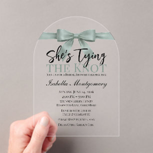 She’s Tying the Knot Theme Eucalyptus Green Bow Acrylic Invitations