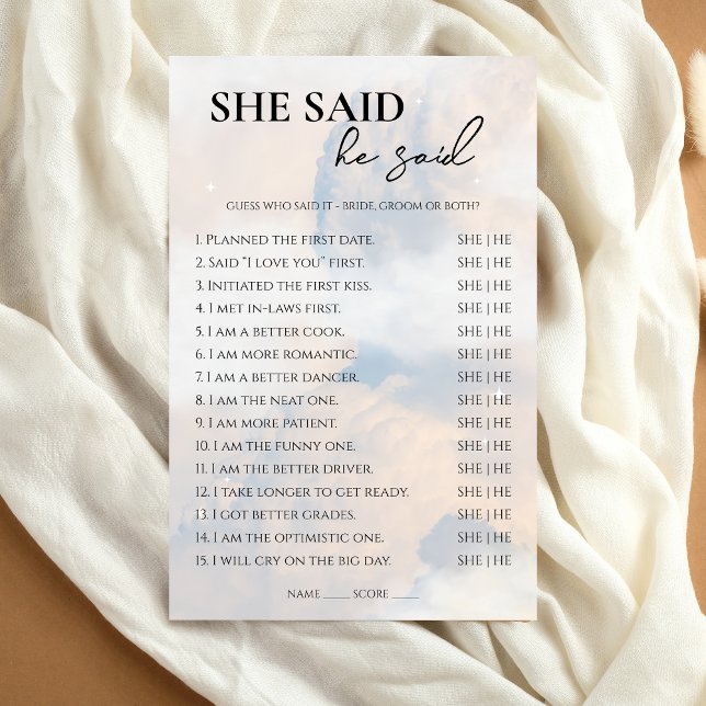She said He said Bridal Shower Game Cloud Nine Flyer (he said she said)