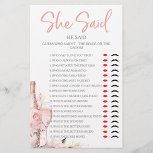 She Said He Said Bridal Shower Party Game