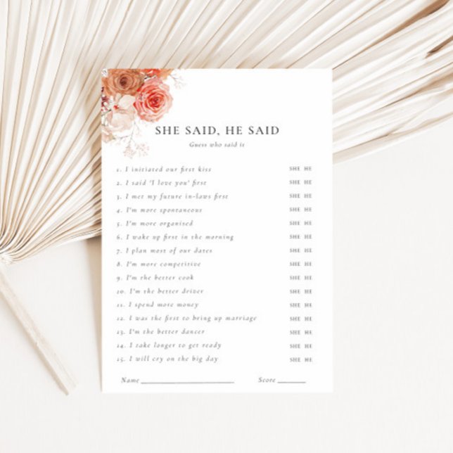 She Said He Said Fall Floral Bridal Shower Game Invitation (Creator Uploaded)