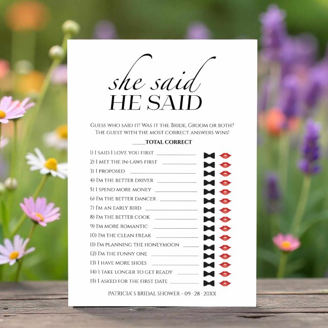 She Said He Said Minimalis Bridal Shower Game Card (Creator Uploaded)