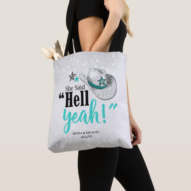 She Said 'Hell Yeah' Cowgirl Hat Teal ID927 Tote Bag (Close Up)