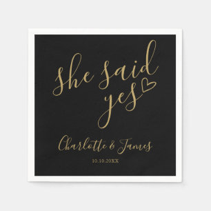 She Said Yes Black And Gold Engagement Party Napkin