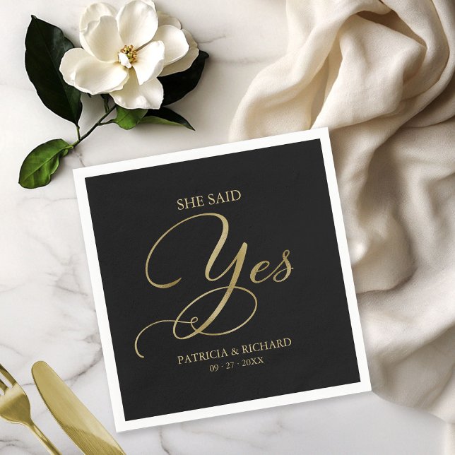 She Said Yes Black Gold Engagement Party Napkin (Creator Uploaded)
