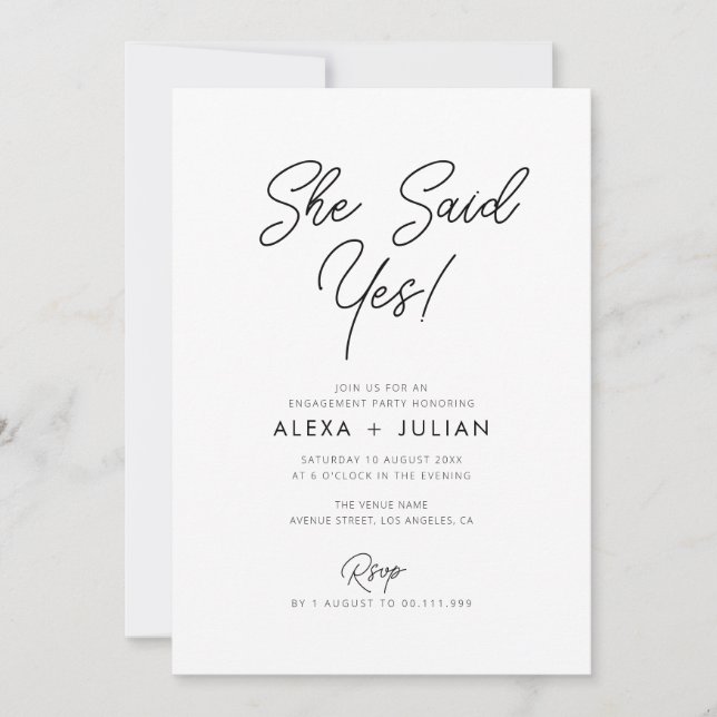 She said Yes! black script engagement party Invitation (Front)