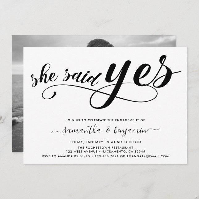 She Said Yes Black& White Photo Engagement Party Invitation (Front/Back)