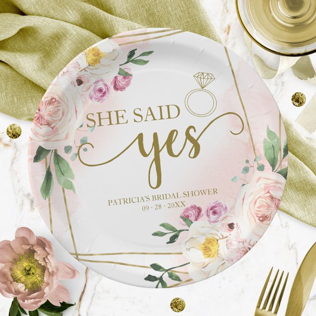 She Said Yes Blush Floral Geometric Bridal Shower Paper Plate (Creator Uploaded)