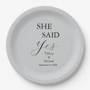 She Said Yes Bridal Shower Grey Paper Plate