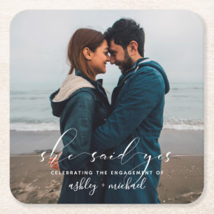 She Said Yes Calligraphy Engagement Party Photo Square Paper Coaster