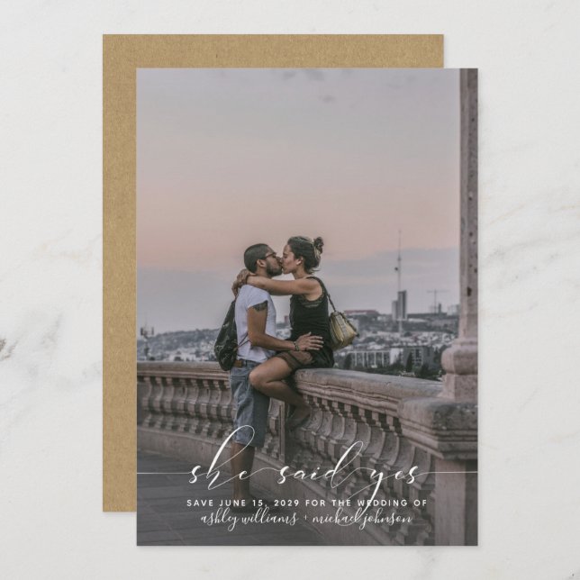 SHE SAID YES Calligraphy Kraft Photo Save the Date Invitation (Front/Back)