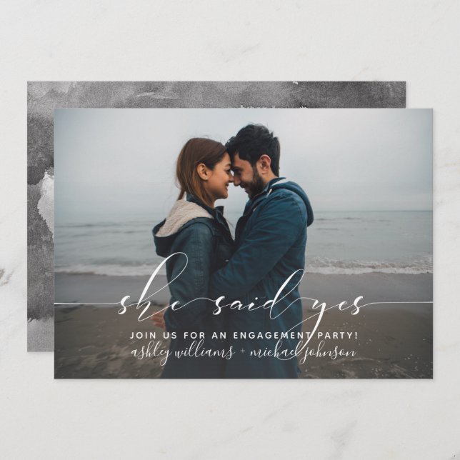 She Said Yes Calligraphy Photo Engagement Party Invitation (Front/Back)