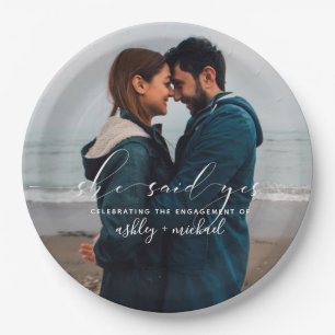 She Said Yes Calligraphy Photo Engagement Party Paper Plate
