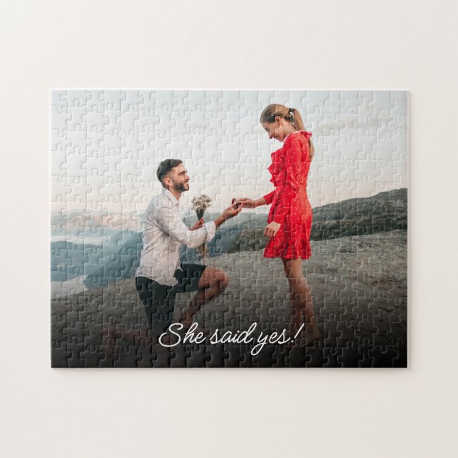 She Said Yes! Custom Photo Engagement Announcement Jigsaw Puzzle (Horizontal)