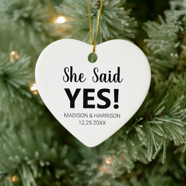 She said Yes custom photo Engagement Christmas Ceramic Tree Decoration (Tree)
