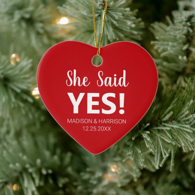 She said Yes custom photo Engagement Christmas Ceramic Tree Decoration (Tree)