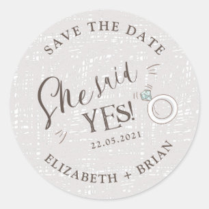 She Said Yes cute illustration Save The Date Classic Round Sticker