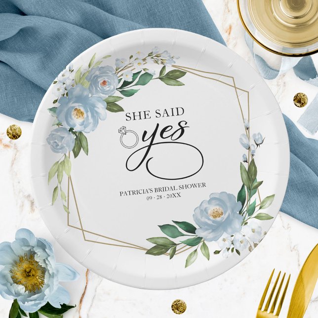 She Said Yes Dusty Blue Geometric Bridal Shower Paper Plate (Creator Uploaded)