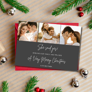 She Said Yes Engagement 3 Photo Christmas Holiday Card