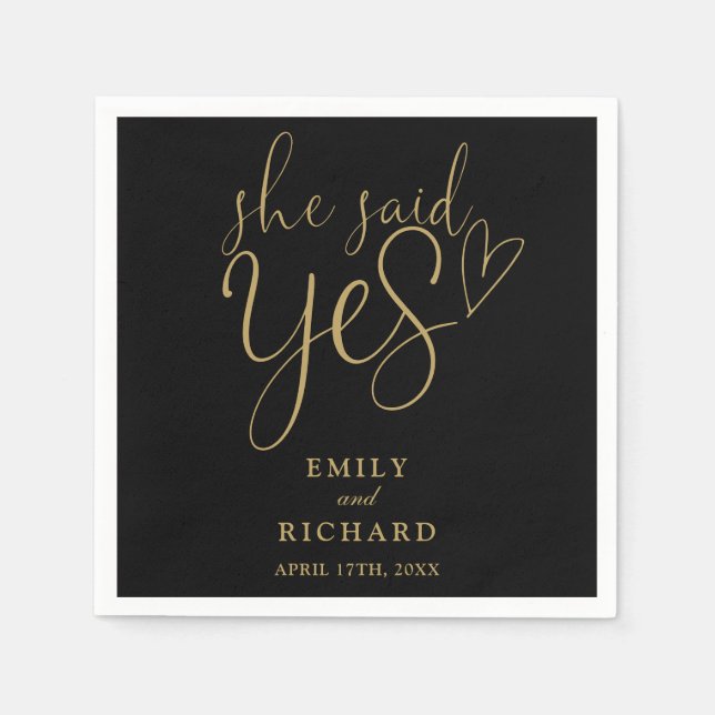 She Said Yes Engagement Party Black And Gold Napkin (Front)