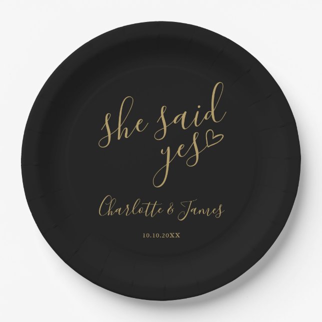 She Said Yes Engagement Party Black And Gold Paper Plate (Front)